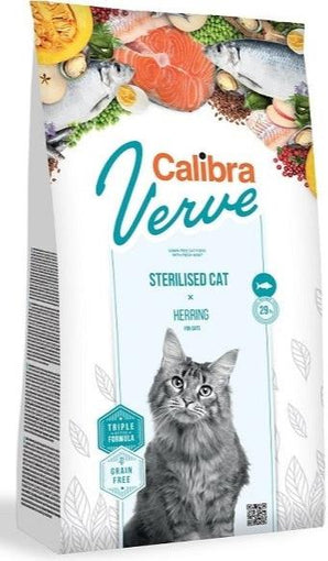 Calibra Verve Grain Free Sterilised Herring NEW 750 g – Bezobilné krmivo pro sterilizované kočky s novým složením, sledi, balení 750 g.