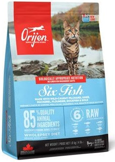 Orijen Cat Six Fish 1,8 kg – Krmivo pro kočky s šesti druhy ryb, balení 1,8 kg.