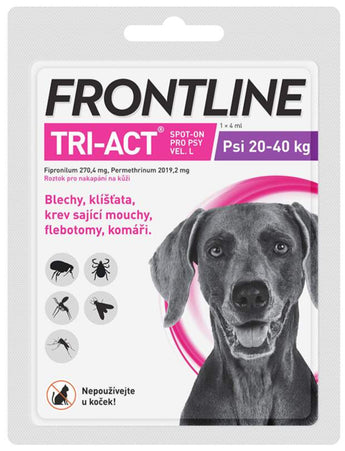 Frontline Tri-Act spot-on pro psy L (20-40 kg) 1x4ml – antiparazitární pipeta s repelentním účinkem proti blechám, klíšťatům a bodavému hmyzu.