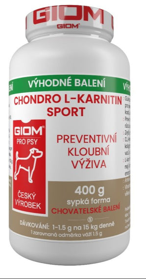 Giom S, Chondro L-karnitin SPORT, 400 g, práškový doplněk stravy pro psy.