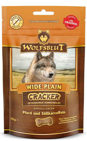 Křupavé pamlsky Wolfsblut Cracker Wide Plain s koňským masem pro psy, 70 g.