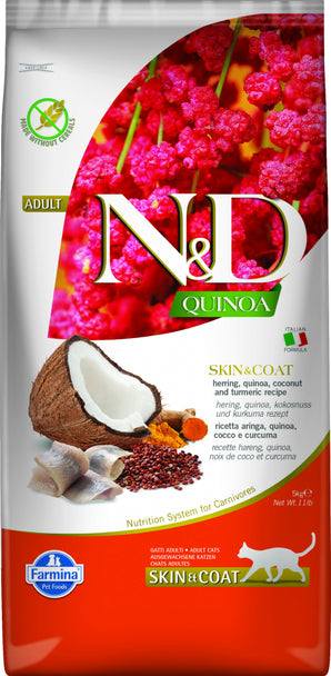 N&D GF Quinoa CAT Skin&Coat Herring & Coconut 5 kg – Bezobilné krmivo pro kočky, podpora srsti a kůže, balení 5kg.