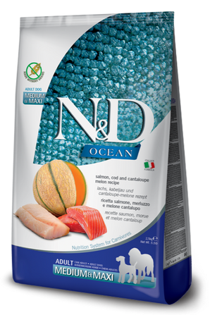 N&D OCEAN DOG Adult M/L Salmon & Cod & Melon, 2,5 kg, výživné krmivo pro psy.