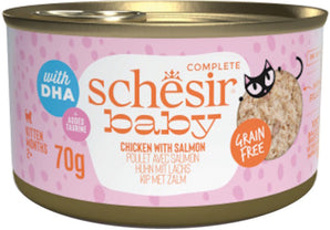 Schesir Cat Kitten Wholefood kuře losos 70 g – Konzerva s kuřetem a lososem pro koťata, balení 70 g.