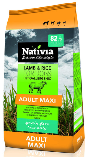 Krmivo pro dospělé psy velkých plemen s jehněčím a rýží, Nativia Dog Adult Maxi, 15 kg balení.