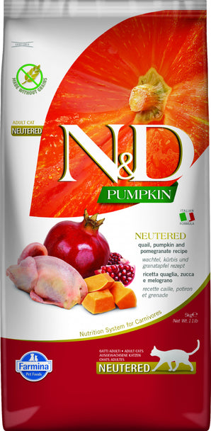 N&D GF CAT Neutered Pumpkin Quail&Pomegranate 5 kg – Bezobilné krmivo pro kastrované kočky s křepelkou a granátovým jablkem, balení 5kg.