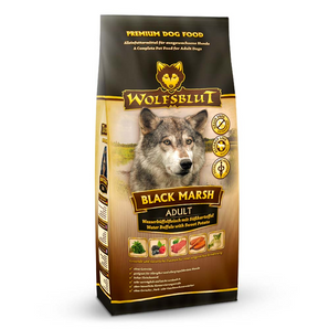 Granule Wolfsblut Dog Adult Black Marsh s divočákem a sladkými bramborami pro dospělé psy, 12,5 kg.