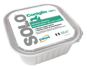 SOLO Coniglio 100% (králík) vanička 300g - Králík jako monoproteinová volba pro kočky a psy, vhodný pro zvířata s alergiemi.