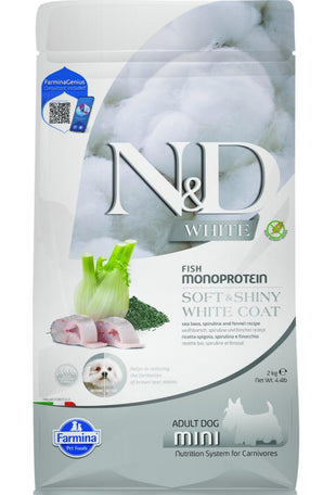 N&D WHITE DOG Adult Mini Sea Bass & Spirulina & Fennel, 2 kg, krmivo pro malé psy.