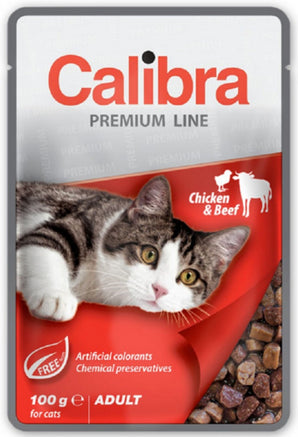 Calibra Premium Adult Chicken & Beef 100 g - Konzerva pro dospělé kočky s kuřecím a hovězím masem. Balení 100 g.
