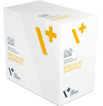 Sáček s veterinárním šamponem VetExpert Specialist pro citlivou pokožku psů a koček, 20×15 ml.