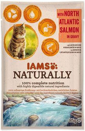 Iams Cat losos v omáčce 85 g – Konzerva pro kočky s lososem v omáčce, balení 85 g.