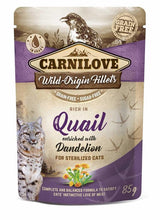 Carnilove Cat Pouch Quail & Dandelion sterilized 85g - kapsička s křepelkou a pampeliškou pro sterilizované kočky.