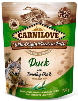 Carnilove Dog Pouch Paté Duck & Timothy Grass 300g - paštika s kachnou a srha říznačkou, podpora trávení.