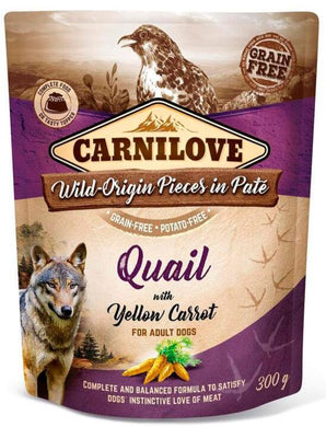 Carnilove Dog Pouch Paté Quail & Yellow Carrot 300g - paštika s křepelkou a žlutou mrkví, podpora zdravé výživy.