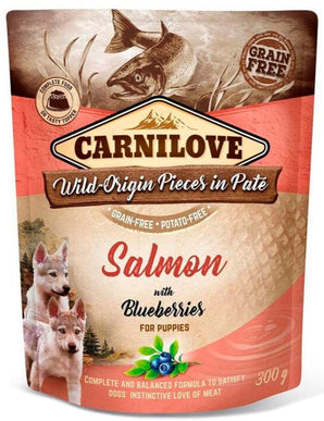 Carnilove Dog Pouch Paté Salmon & Blueber Puppies 300g - paštika s lososem a borůvkami pro štěňata, podpora růstu.