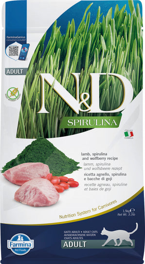 N&D SPIRULINA CAT Adult Lamb & Wolfberry 1,5 kg – Krmivo pro dospělé kočky se spirulinou, jehněčím a kustovnicí čínskou, balení 1,5 kg.