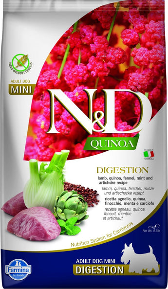 N&D Quinoa DOG Digestion, Lamb & Fennel, Adult Mini, 2,5 kg, krmivo pro malé psy.