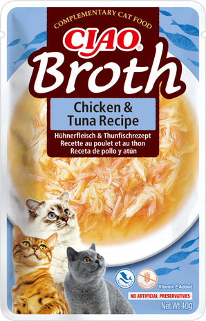 Churu Cat CIAO Broth Chicken&Tuna Recipe 40 g – Výživný vývar pro kočky s kuřetem a tuňákem, balení 40g.