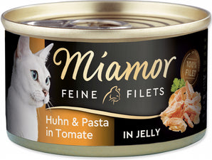 Miamor Feine Filets Kuře s Těstovinami želé 100 g – Konzerva s kuřecím masem a těstovinami v želé, balení 100 g.