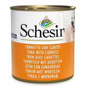 Schesir Dog konz. Adult tuňák/mrkev 285g - Konzerva pro psy s tuňákem a mrkví, podporující zdraví zubů a trávení.