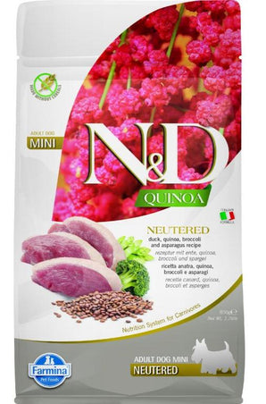 N&D Quinoa DOG Neutered, Duck & Broccoli & Asparagus, Mini, 800 g, výživné krmivo.
