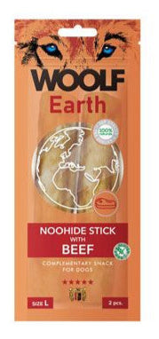 WOOLF pochoutka Earth NOOHIDE L Sticks with Beef 85g - L náhražka žvýkací tyčinky s hovězím masem, ideální pro dlouhodobé žvýkání a zdraví zubů.
