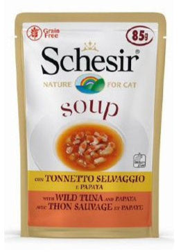 Schesir Cat kapsa Adult Soup tuňák/papája 85g - Polévková kapsa pro kočky s tuňákem a papájou, ideální pro podporu imunitního systému.