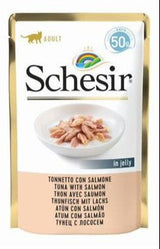 Schesir Cat kapsa Adult tuňák/losos 50g - Kapsa pro kočky s tuňákem a lososem, ideální pro zdraví kloubů a srsti.