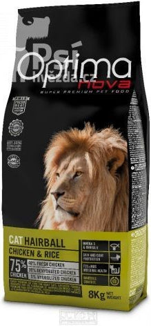 OPTIMA nova Cat HAIRBALL 8 kg – Krmivo pro kočky s recepturou proti tvorbě bezoárů, balení 8 kg.