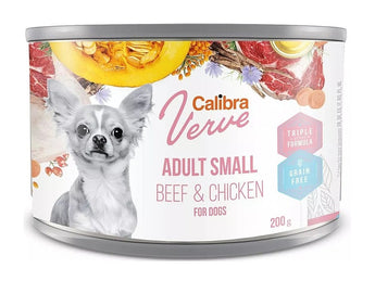 Calibra Dog Verve konz. GF Adult Small Beef&Chick 200 g, bezobilná konzerva s hovězím a kuřecím masem pro malé psy.
