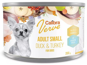 Calibra Dog Verve konz. GF Adult Small Duck&Turkey 200 g, bezobilná konzerva s kachním a krůtím masem pro malé psy.