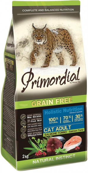 Primordial Cat Adult Salmon & Tuna 2 kg – Krmivo s lososem a tuňákem pro dospělé kočky, balení 2 kg.