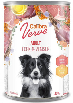 Calibra Dog Verve konz. GF Adult Pork&Venison 400 g, bezobilná konzerva s vepřovým a zvěřinou pro dospělé psy.