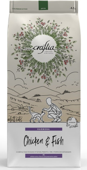 Kraftia CRAFTIA HARMONA CAT Adult Chicken & Fish 4,5 kg – Krmivo pro dospělé kočky s kuřecím a rybím masem, balení 4,5 kg.