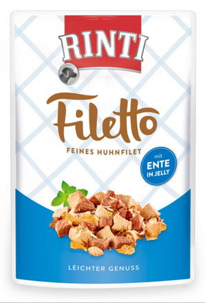 Rinti Dog Filetto kapsa kuře+kachna v želé 100g - Vysoký obsah kuřete a kachny v želé, vhodné pro psí stravu.
