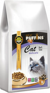 Puffins Cat Delicate Beef&Tuna 10 kg – Krmivo pro citlivé kočky s hovězím a tuňákem, balení 10 kg.