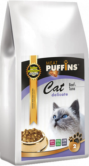 Puffins Cat Delicate Beef&Tuna 10 kg – Krmivo pro citlivé kočky s hovězím a tuňákem, balení 10 kg.