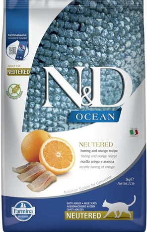 N&D OCEAN CAT NEUTERED Adult Herring & Orange, 5 kg, krmivo pro sterilizované kočky.