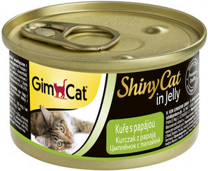 GimPet ShinyCat kuře papája 2 x 70 g – Konzerva pro kočky s kuřecím masem a papájou, balení 2 x 70 g.