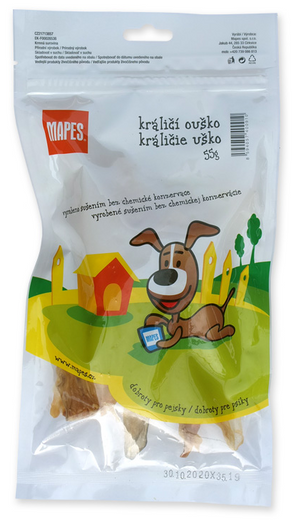 Pochoutka sušená MAPES králičí ouško 55g - králičí ouško pro psy, ideální pro žvýkání a zdraví zubů.