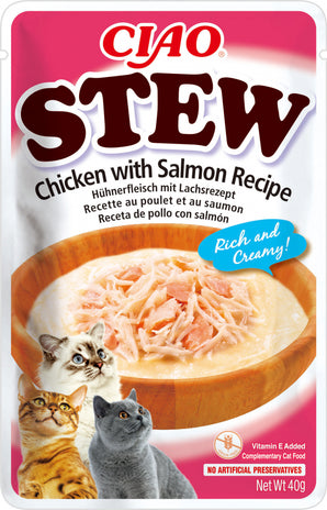 Churu Cat CIAO Stew Chicken with Salmon Recipe 40 g – Konzerva pro kočky s kuřetem a lososem, balení 40 g.