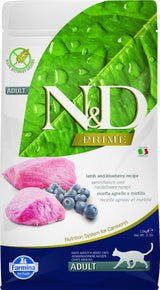 N&D PRIME CAT Adult Lamb & Blueberry 1,5 kg – Krmivo pro dospělé kočky s jehněčím masem a borůvkami, balení 1,5kg.