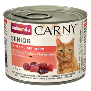 Carny Senior Hovězí & Krůtí srdce 200g – Konzerva pro starší kočky s hovězím a krůtími srdci, balení 200 g.
