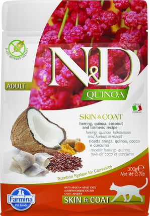 N&D GF CAT Adult Quinoa Skin&Coat Herring & Coconut 300 g - Bezobilné krmivo pro podporu srsti s treskou a kokosem. Balení 300 g.