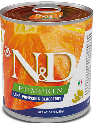 N&D DOG PUMPKIN Adult Lamb & Blueberry, 285 g, krmivo pro psy s jehněčím a borůvkami.