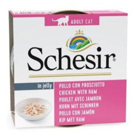 Schesir Cat konz. Adult kuře/šunka 85g - Kapsa pro dospělé kočky s kuřecím a šunkou, ideální pro udržení kočičí energie a zdraví.