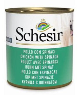Schesir Dog konz. Adult kuře/špenát 285g - Konzerva pro psy s kuřecím a špenátem, pro silné svaly a výbornou kondici.