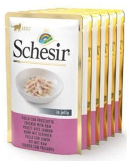 Schesir Cat kapsa Adult kuře/šunka 6x85g - Sada kapsiček pro dospělé kočky s kuřecím a šunkou, plná výživných látek.