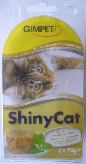 GimPet ShinyCat tuňák krevety maltóza 2 x 70 g – Krmivo pro kočky s tuňákem, krevetami a maltózou, balení 2 x 70g.